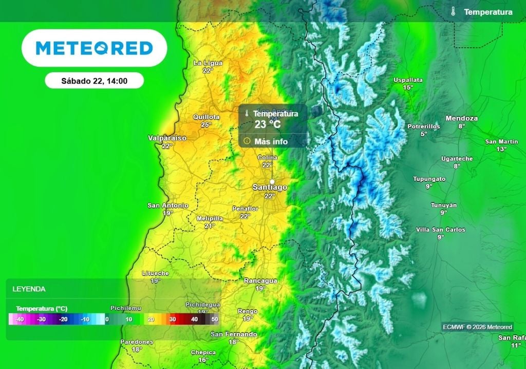 Temperaturas máximas Este sábado 22 Santiago podría alcanzar temperaturas máximas cercanas a los 24 °C, de concretarse en Quinta Normal podría ser el valor más elevado en lo que llevamos de agosto.