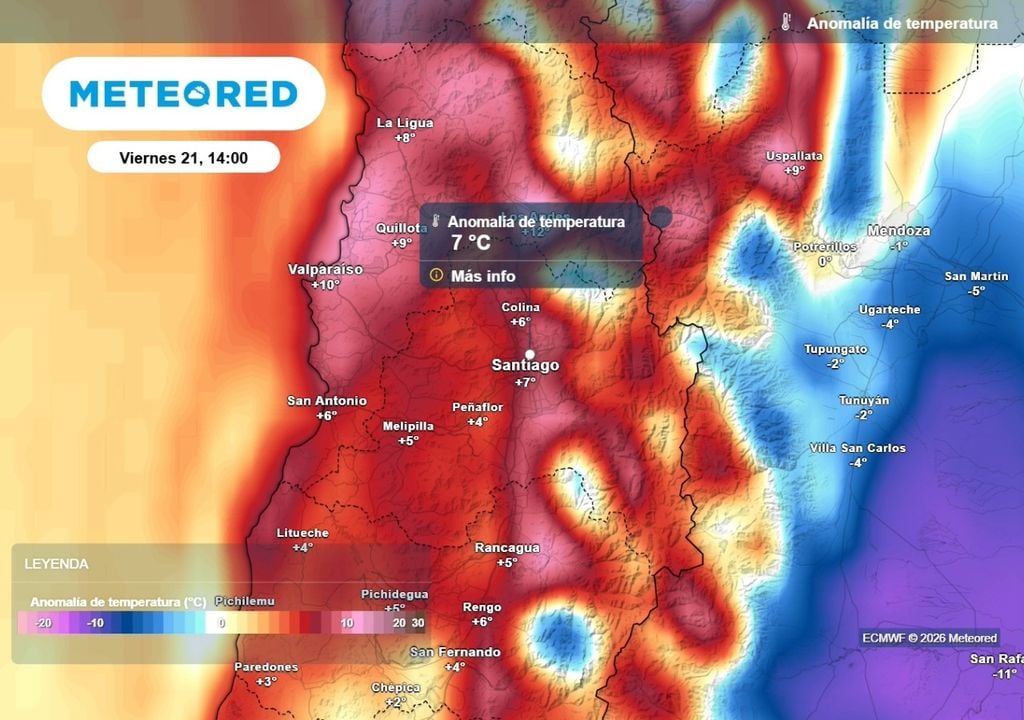 Anomalías Temperaturas sobre lo esperado en Santiago durante los próximos días: modelo europeo muestra el brusco cambio del tiempo.