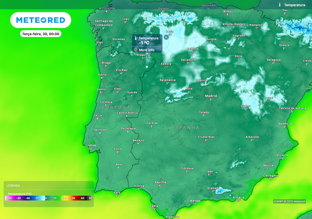 Temperaturas mínimas inferiores a 0 ºC em Portugal Continental nos dias que antecedem a passagem de ano.