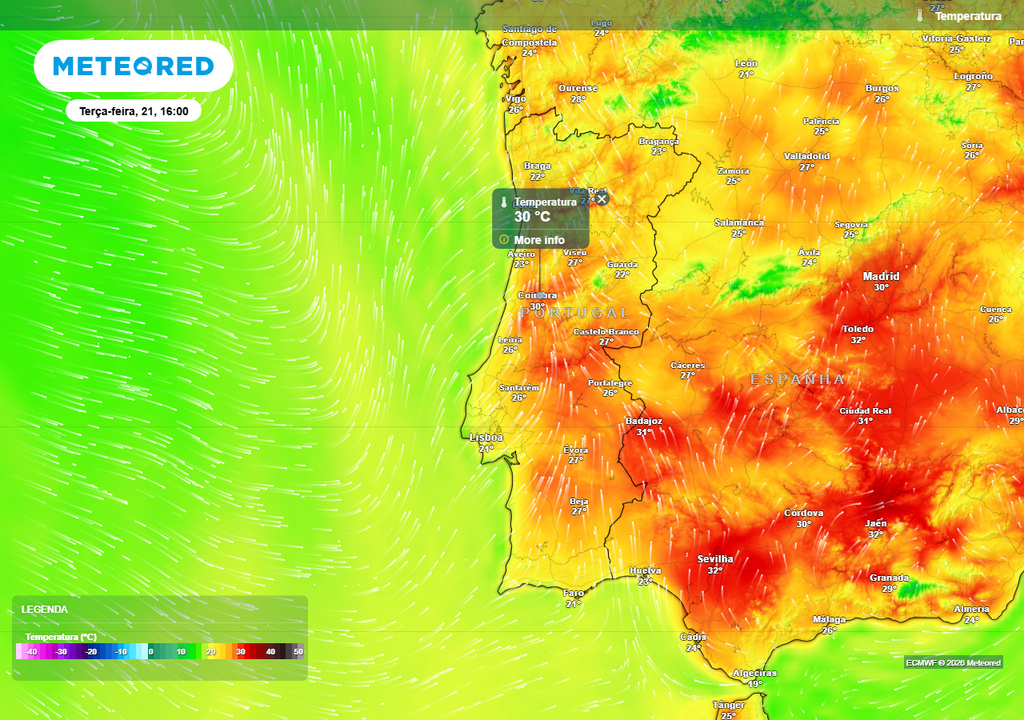 O tempo invulgarmente quente será elevado a um novo patamar na próxima terça-feira, 21 de abril. As temperaturas previstas revelam valores claramente acima do normal para esta época do ano em grande parte de Portugal continental, com destaque para o litoral Norte e Centro (anomalias térmicas positivas de +10 a +12 ºC). Além disto, o ar estará mais quente e húmido, favorecendo o desenvolvimento de múltiplas células convectivas (trovoadas).