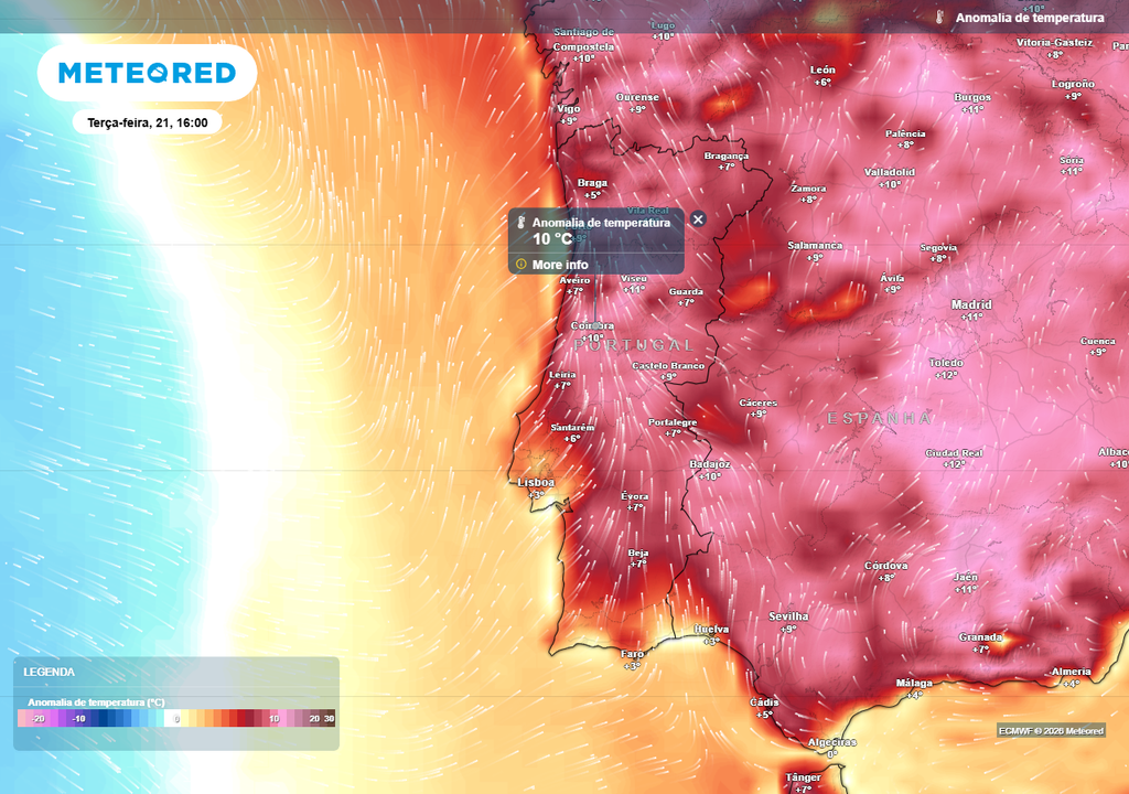 Na segunda-feira (20), prevê-se que várias regiões da Península Ibérica registem temperaturas até 10 °C acima da média, o que corresponderá a um cenário bastante invulgar para um mês de abril. Para a cidade de Coimbra prevê-se, novamente, uma temperatura máxima de 28 ºC.