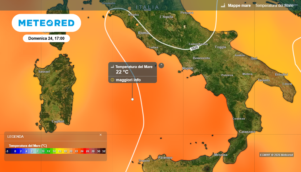 temperatura tirreno La temperatura superficiale del mar Tirreno domenica 24 maggio raggiungerà in certe aree i 22°C, quasi 5 gradi in più rispetto a oggi.