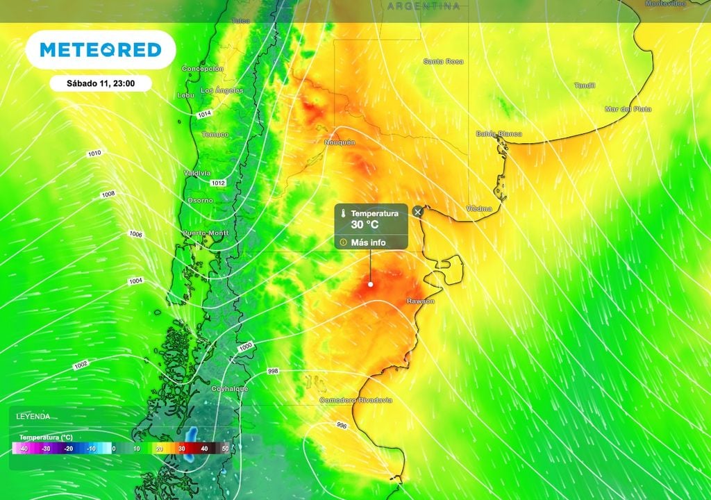 Temperaturas elevadas para la época del año con valores en el entorno de los 30 ºC se podrán reportar en el norte de la Patagonia. Un frente frío producirá un descenso de esos valores durante el domingo.