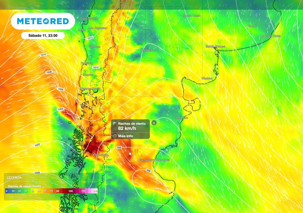 Ráfagas intensas superiores a los 80 km/h y asociadas al sistema frontal se esperan especialmente sobre el centro de la Patagonia y algunos sectores del oeste de Río Negro y Neuquén.