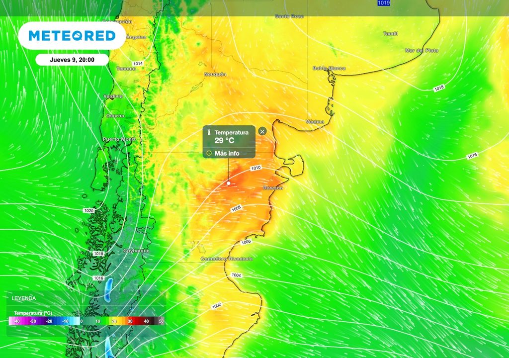 dorsal de alta presión La dorsal de alta presión en altura permitirá que el aire cálido ingrese claramente sobre el centro de la Patagonia. Se esperan valores cercanos a los 30 ºC en el este de Chubut.