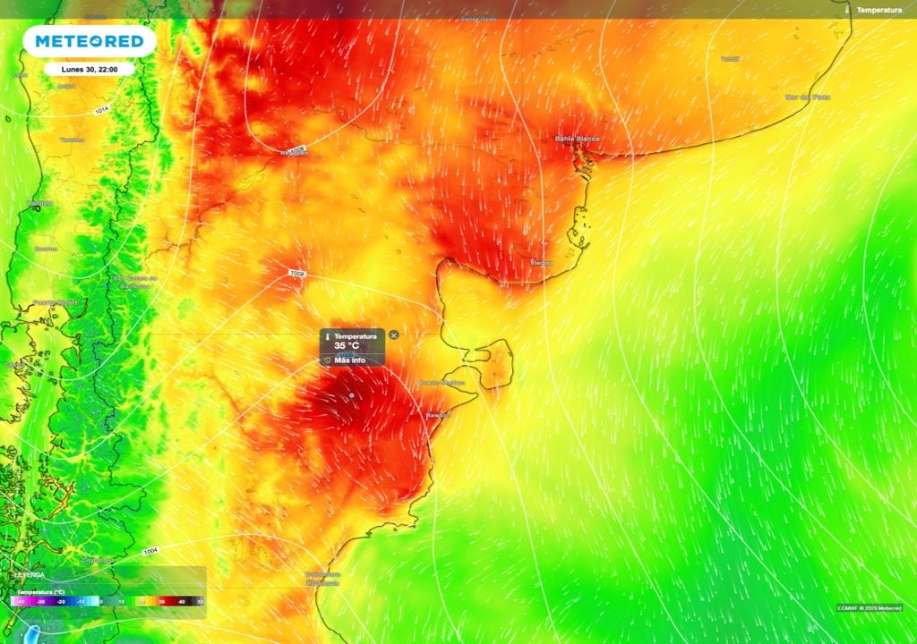 Temperatura El aire caluroso se mantiene en el norte de la Patagonia. Algunos sectores del noreste de Chubut podrán alcanzar los 35 ºC.