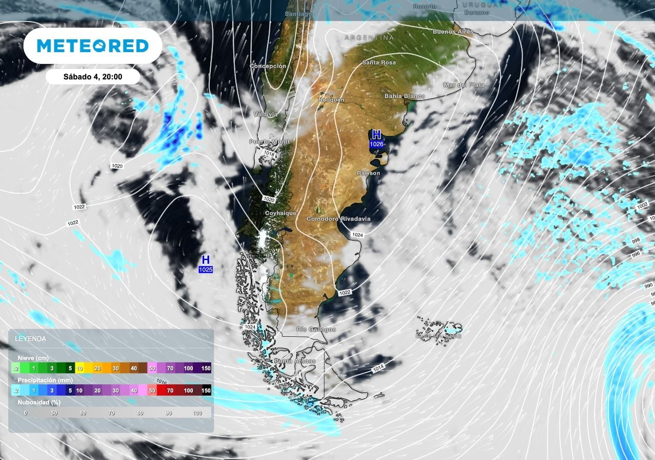 El dominio de altas presiones dará lugar a condiciones de estabilidad sobre gran parte de la Patagonia, en especial durante el día sábado. Esta carta muestra la situación sinóptica justamente del sábado 4 de abril.