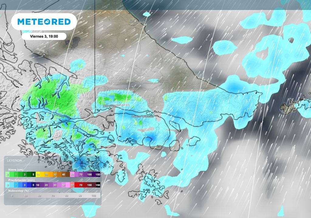 Durante el viernes 3 de abril una fuerte circulación del sudoeste generada por una baja ubicada al este de las Islas Malvinas producirá algunas nevadas y lluvias sobre el sur de Tierra del Fuego.