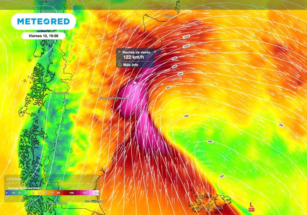 Ráfagas costa patagónica Algunas zonas de la costa patagónica serán afectadas por ráfagas que pueden superar los 100 km/h. En cercanías de Camarones, en Chubut, el ECMWF estima ráfagas que incluso podrán superar los 120 km/h (compatibles con las de un huracán de categoría 1)