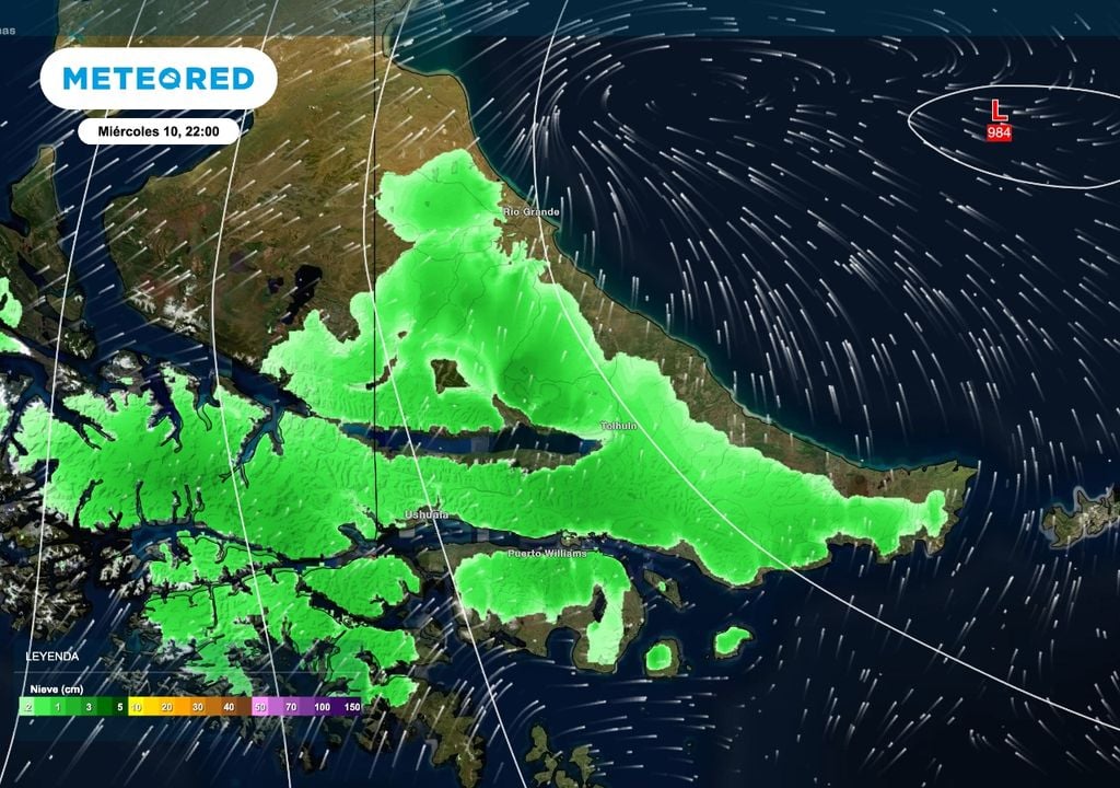 Aire antártico La circulación de aire antártico hacia el norte producirá nevadas sobre gran parte de Tierra del Fuego, especialmente sobre la zona de Ushuaia.