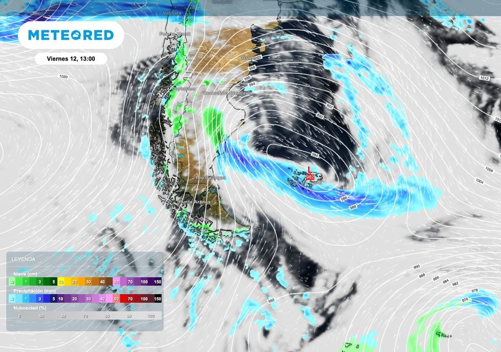 Baja Malvinas El viento extremo que se espera sobre parte de la costa patagónica el viernes 12 de junio estará potenciado por el fuerte gradiente de presión producido por un sistema de baja presión (982 hPa) que se ubicará sobre las Islas Malvinas.