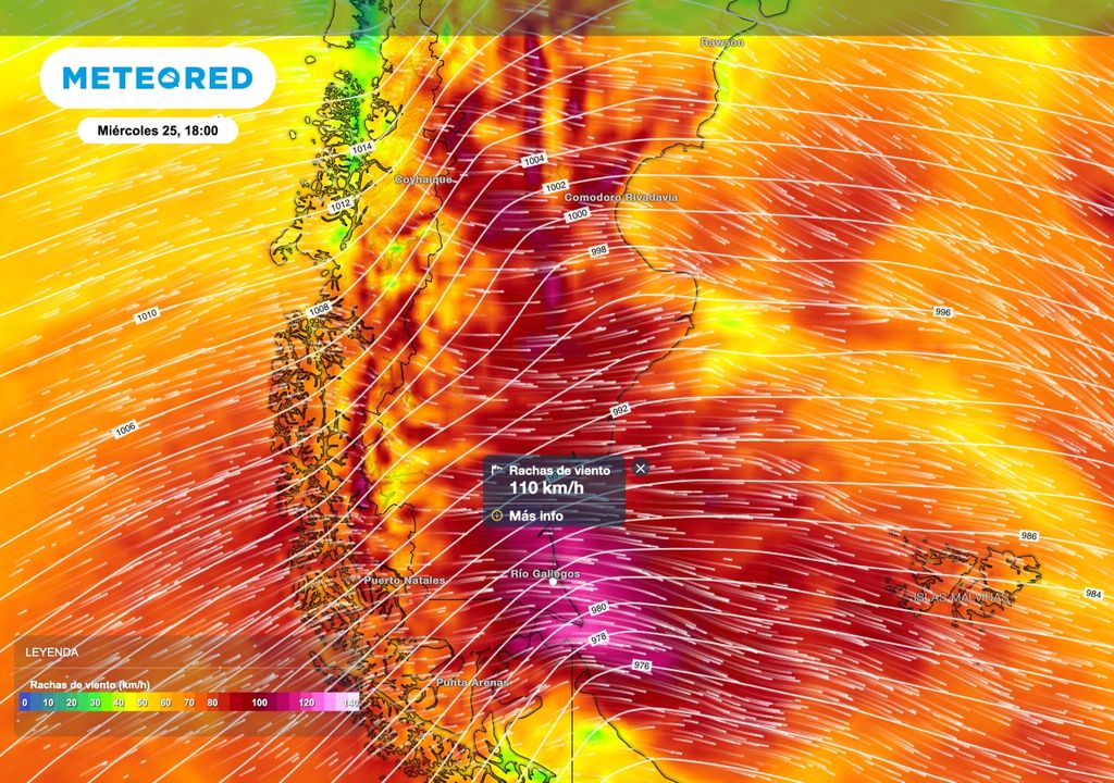 Viento Patagonia Durante este miércoles 25 el viento será muy intenso en el centro y sur de la Patagonia. Algunos sectores del sur de Santa Cruz, incluyendo la zona de Río Gallegos podrá tener ráfagas en el entorno de los 110 km/h.