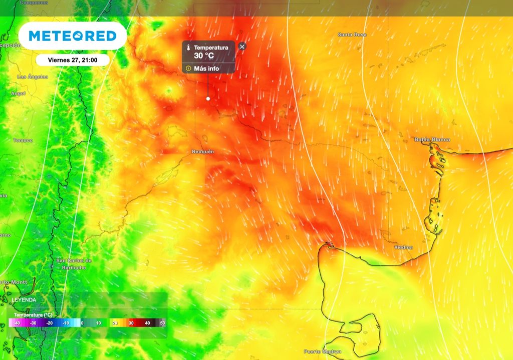 Temperaturas Patagonia Estas situaciones de principio de otoño muestran importantes diferencias de temperturas entre el norte y el sur de la Patagonia. En el norte de Río Negro el viernes se podrán alcanzar hasta 30 ºC, por ejemplo en Catriel - 25 de Mayo, en el noroeste de Río Negro y sudoeste de La Pampa respectivamente.