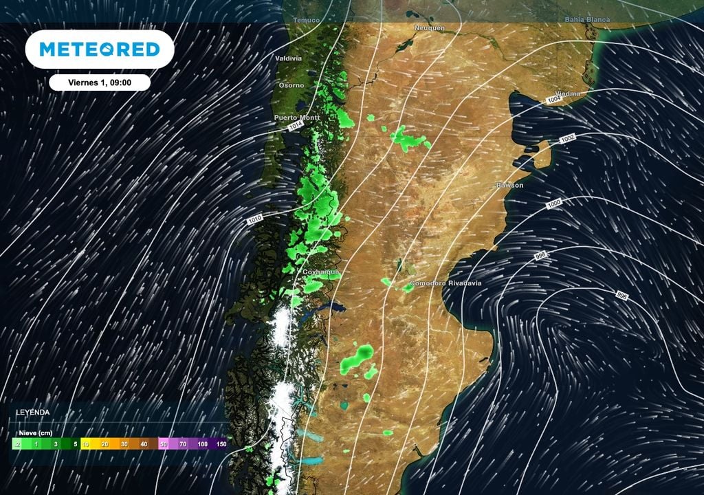 Este viernes 1 de mayo podrá traer nieve especialmente a las cotas medias y altas de la cordillera, y algunos chaparrones de nieve en sectores altos de la estepa de Chubut y Santa Cruz.