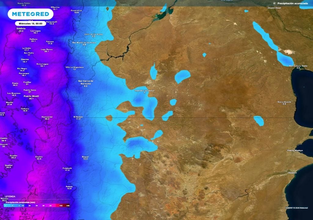 El frente producirá lluvias especialmente sobre la zona cordillerana del centro patagónico, desde San Martin de los Andes hacia Esquel. Lo más intenso será sobre el límite y hacia Chile.
