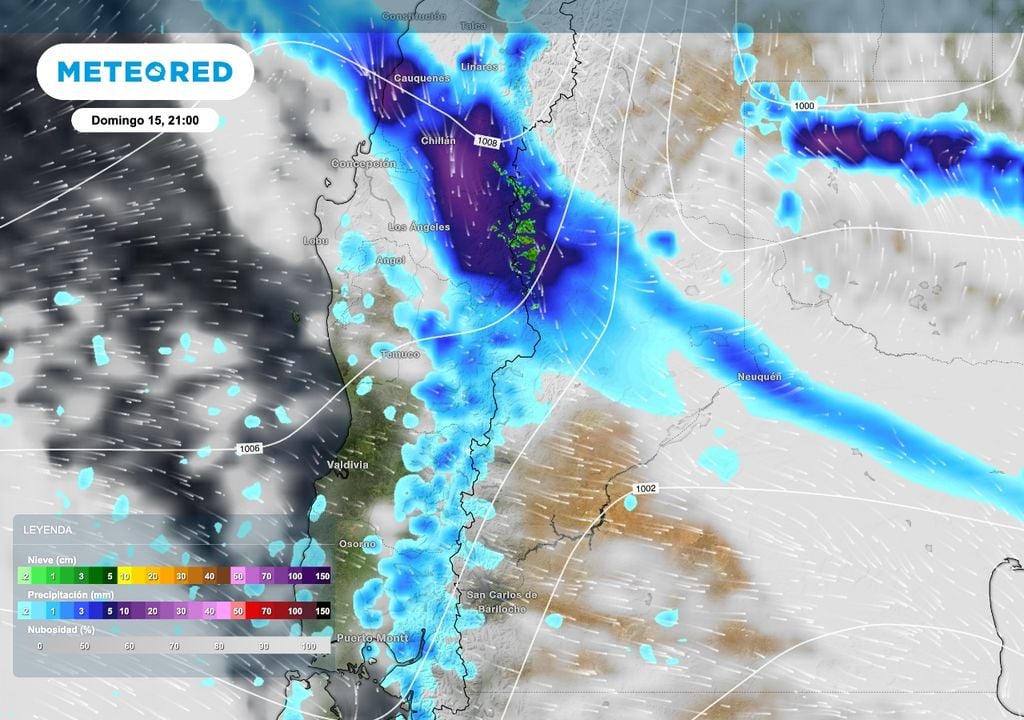 El domingo 15 la zona de lluvias, con algunas nevadas en la cordillera, se traslada hacia el centro y norte de Neuquén. También se esperan algunas lluvias en la zona del alto valle.