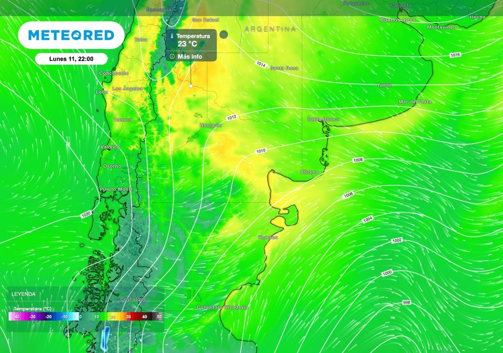 Temperatura NQN Altas temperaturas para la época del año se esperan para gran parte del norte de la Patagonia en el inicio de la semana. Los valores más altos, con 23 ºC podrán registrarse al norte de Neuquén.