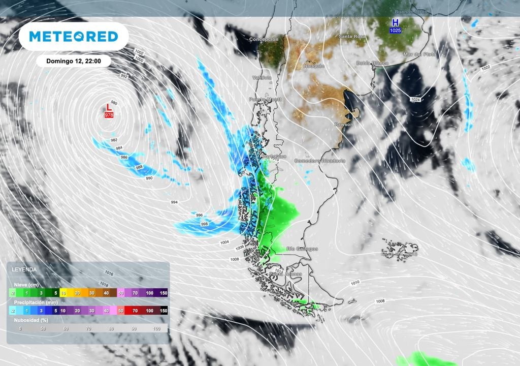 Sinoptica domingo El domingo 12 un frente cálido afectará el sur de la Patagonia aportando nevadas y lluvias especialmente sobre el oeste de Santa Cruz.