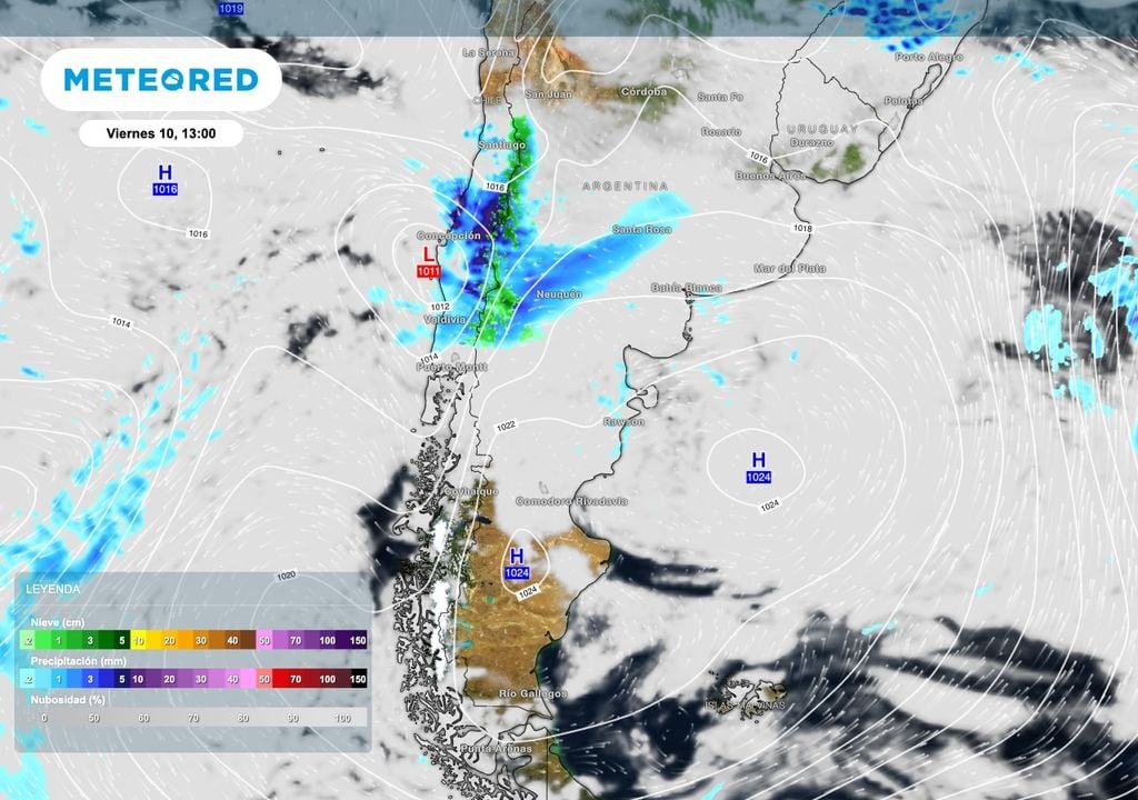 Sinoptica viernes La situación sinóptica de este viernes 10 de julio muestra cómo la humedad océanica aportada por un anticiclón ubicado sobre el océano Atlántico interactúa con un área de baja presión en el noroeste patagónico.