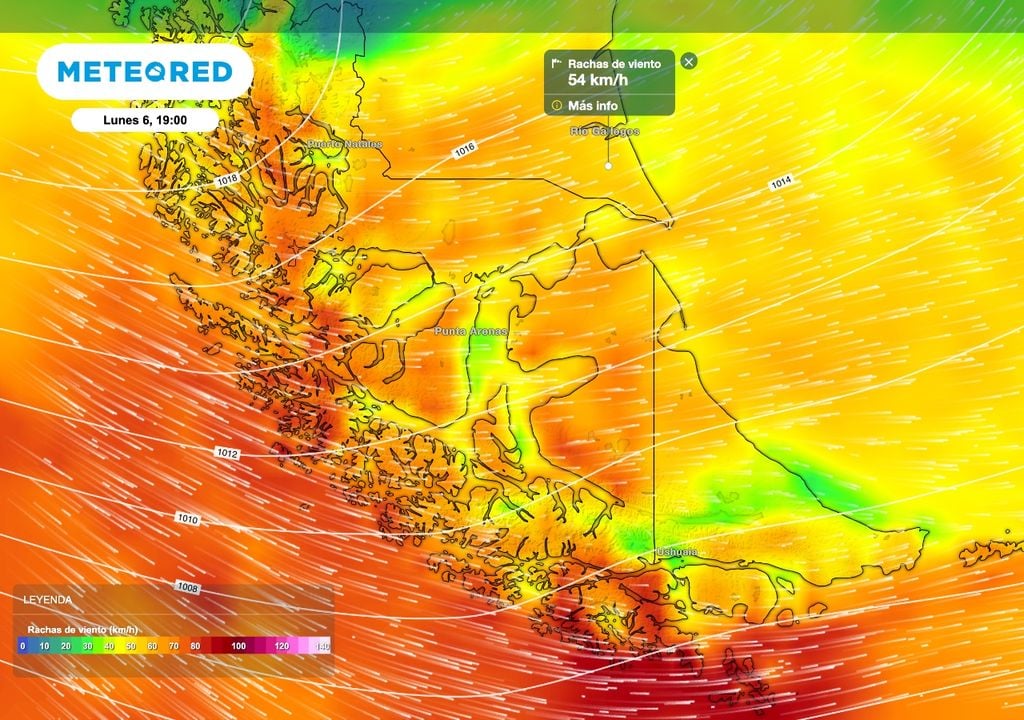 Viento Patagonia Si bien no se esperan ráfagas extremas, algunos sectores del sur de Santa Cruz y Tierra del Fuego podrán tener valores por encima de los 50 km/h.