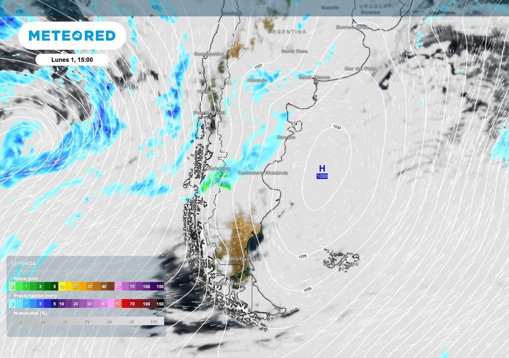La circulación del este que produce el sistema de alta presión ubicado sobre Atlántico permite el ingreso de humedad y ayuda al desasrrollo de lluvias y lloviznas en el centro y norte de la Patagonia este lunes 1 de junio.