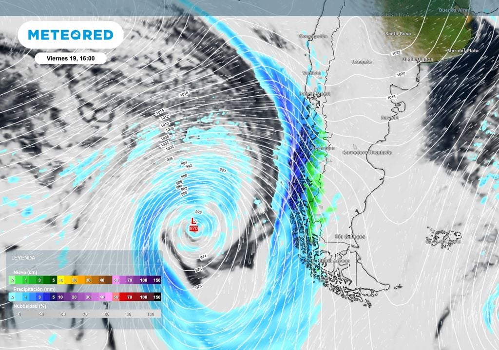 Frente Patagonia El frente más importante llegará a la Patagonia durante el viernes asociado a un profundo sistema de baja presión que se ocluirá sobre el Pacífico sur.