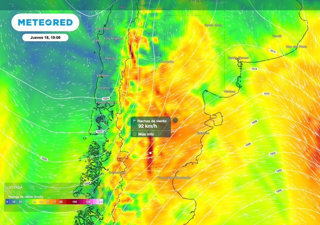Viento jueves El apretado gradiente de presión atmosférica producirá viento intenso sobre algunos sectores de la Patagonia este jueves 18 de junio.