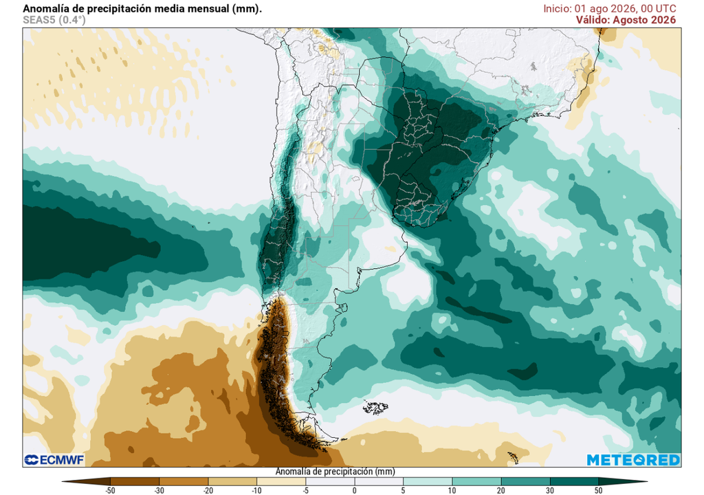 mapa de anomalía de precipitación Agosto concentrará las lluvias abundantes desde el sur y hasta el norte del país.
