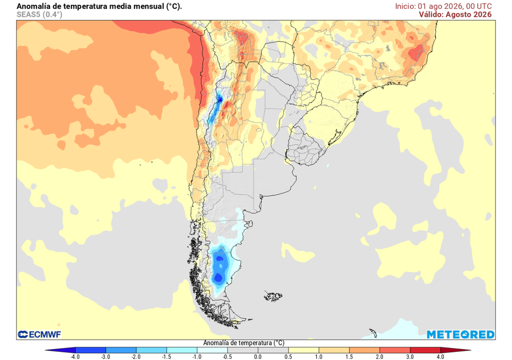 anomalía de temperatura Las temperaturas se presentarán por sobre el promedio. El aumento de las temperaturas en el norte podrían provocar episodios cálidos extremos.