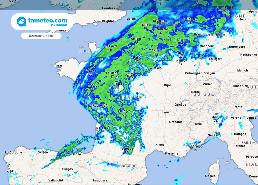 Radar pluie mercredi 9 octobre 2024 16h