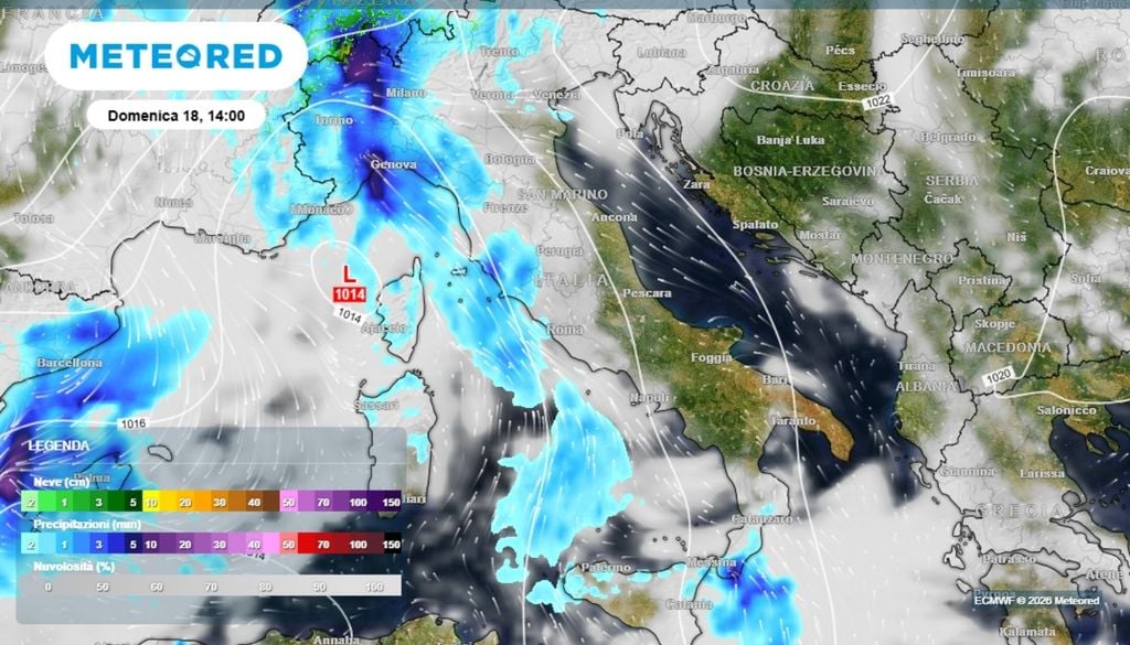Il modello europeo ECMWF, infatti, vede un ingresso franco della saccatura nel Mediterraneo Occidentale, con conseguente approfondimento di un minimo depressionario sul Mar Ligure nella giornata di domenica 18 ottobre. ECMWF-MeteoRed