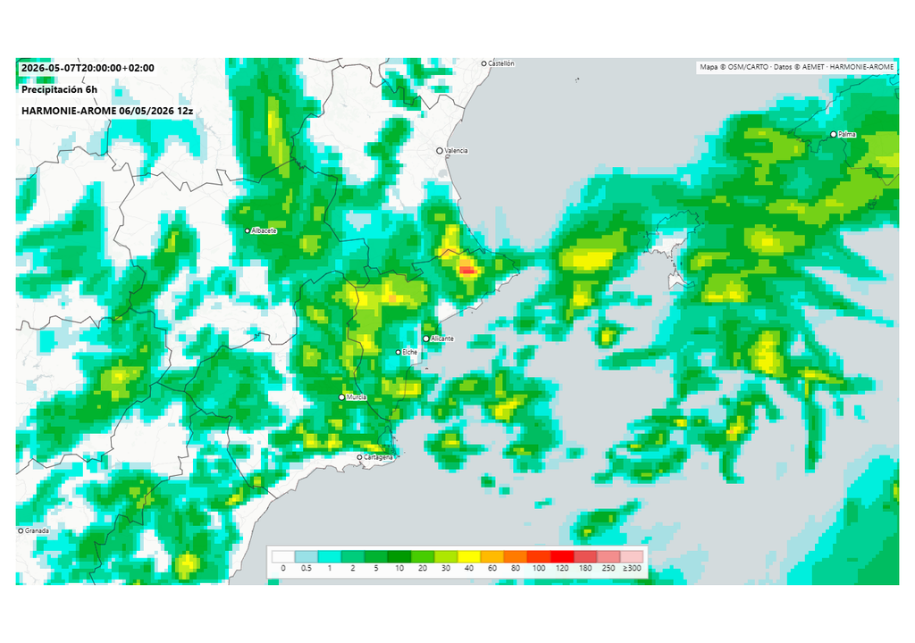 Esta tarde se producirá un estallido de fuertes tormentas en amplias zonas del sureste y Baleares, pudiendo localizarse las más organizadas en la Comunidad Valenciana. Fuente: Harmoniearome.es y AEMET.