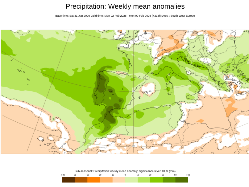 Anomalías semanales de precipitación para el periodo 2-8 de febrero de 2026: en verdes para anomalías positivas de precipitación y naranjas para negativas. Nótese las altas anomalías de precipitación acumuladas para la fachada occidental, zonas del centro y sur peninsular ECMWF