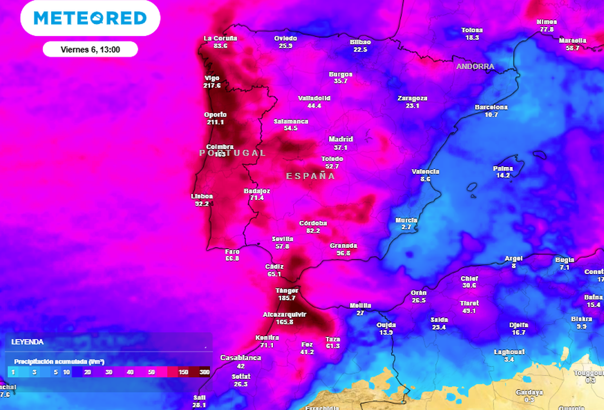 Acumulaciones de precipitación hasta el 6 de febrero de 2026 12 UTC para Península y Baleares, según escala de colores. Se prevén acumulados de más de 200 l/m2. Tiempo.com