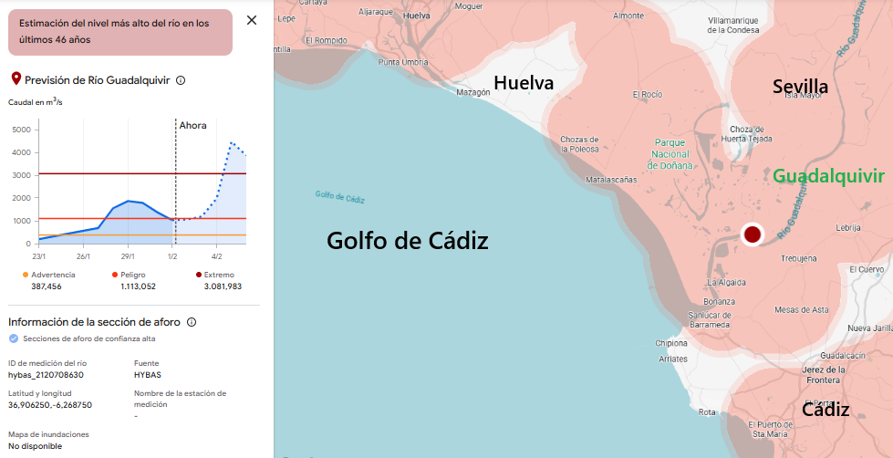 Zonas hidrológicas de mayor riesgo nivel mundial, arriba, con especial atención en las zonas peninsulares sometidas a temporales atlánticos, con las predicciones de la evolución del nivel del Guadalquivir en su desembocadura, abajo, donde se esperan subidas históricas. Fuente: Flood Hub