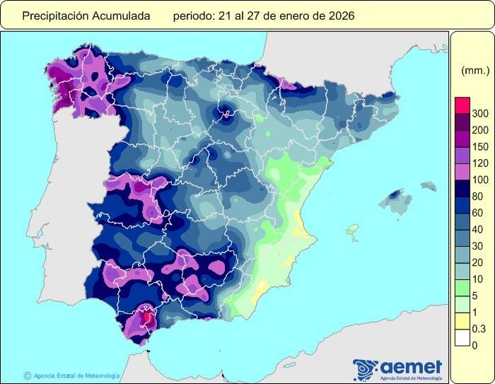 Precipitación acumulada recogida entre el 21 y 27 de enero de 2026 por los temporales atlánticos y los vientos llovedores superábregos. AEMET