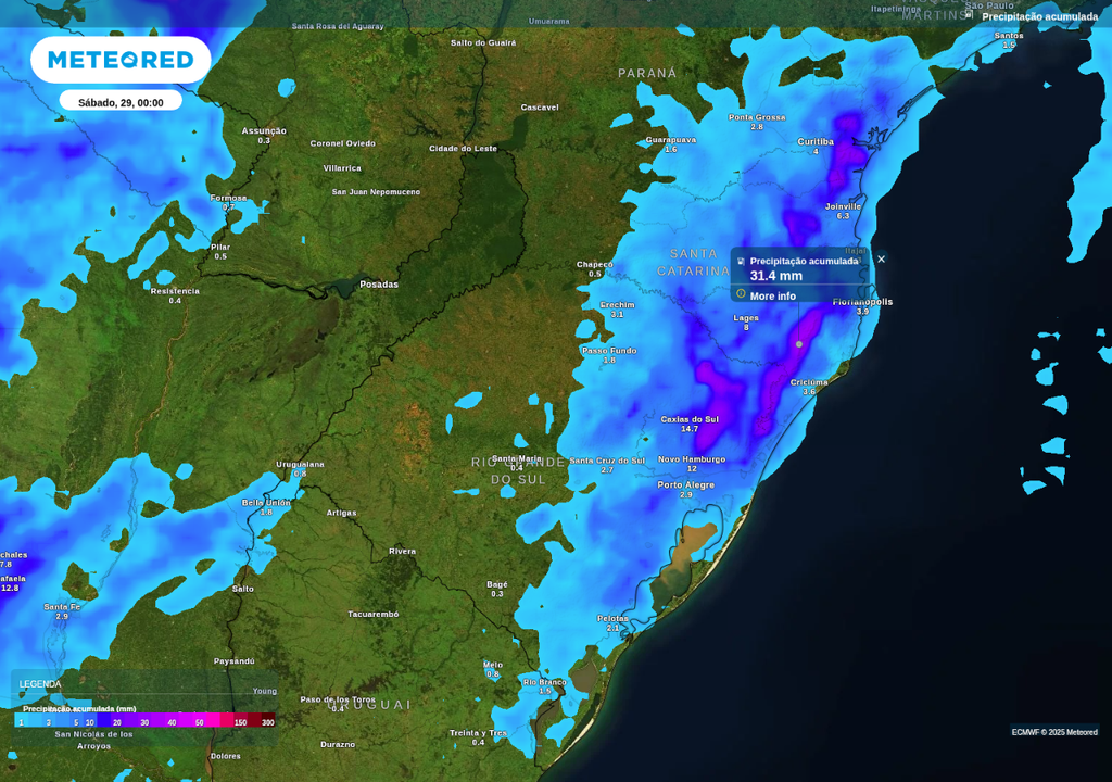 Previsão de chuva acumulada até sábado (29), de acordo com o ECMWF.