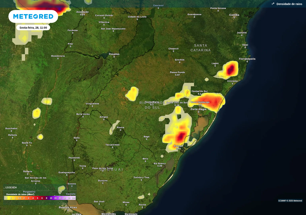 Previsão de tempestades na manhã de sexta-feira (28), de acordo com o ECMWF.