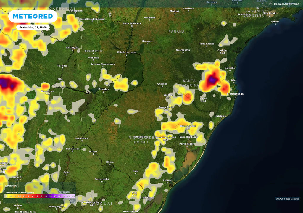 Previsão de tempestades na tarde de sexta-feira (28), de acordo com o ECMWF.