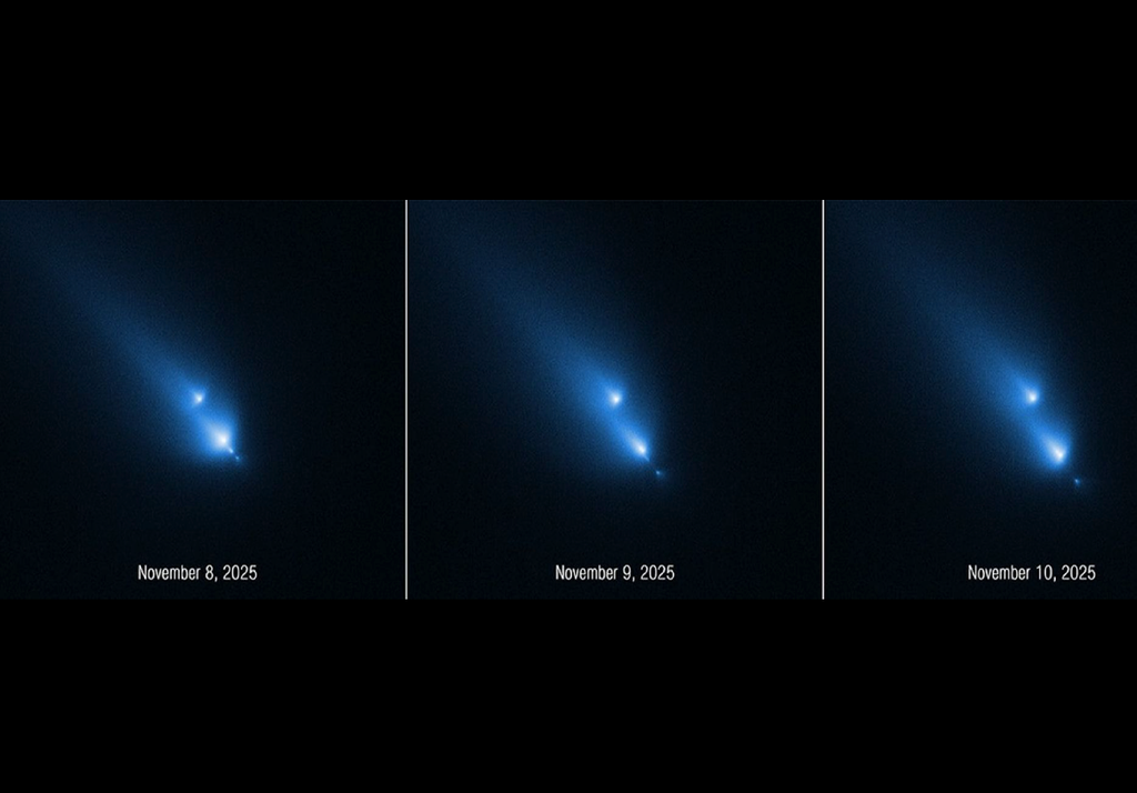 Immagini prese in sequenza da Hubble della cometa C/2025 K1 in tre giorni consecutivi mostrano la frammentazione in corso.Credit: Image: NASA, ESA, Dennis Bodewits (AU); Image Processing: Joseph DePasquale (STScIc)