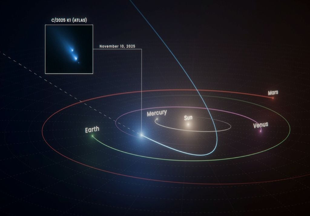 Ricostruzione dell'orbita della cometa c/2025 K1. Credit: NASA, ESA, Ralf Crawford (STScI)