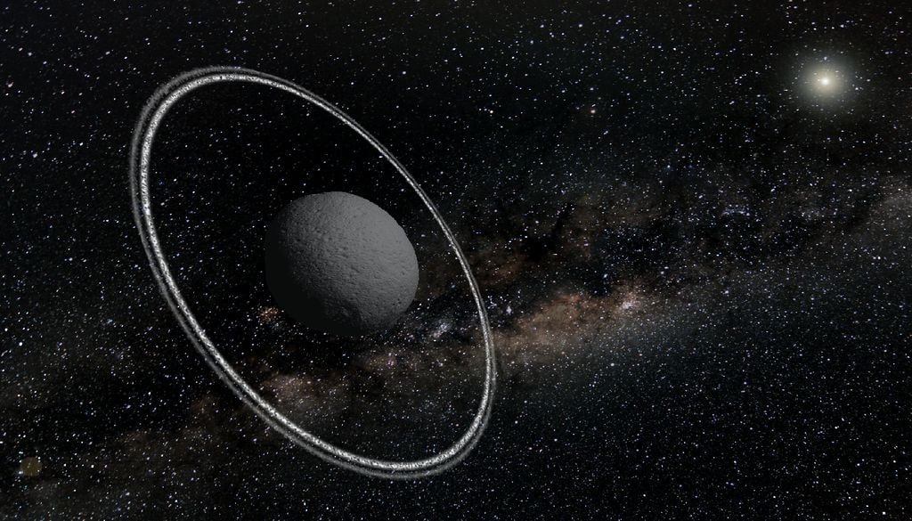 Cariklo Rappresentazione artistica dell'asteroide Chariklo e il suo sistema di due anelli. Credits: L. Maquet, Observatoire de Paris