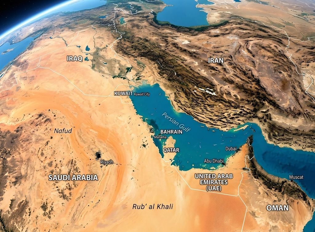 L'area del Medio Oriente. In alto si osserva la regione dell'Iran, dominata dai Monti Zagros, frutto della collisione tettonica. A sud, il Golfo Persico è il frutto di questa collisione.