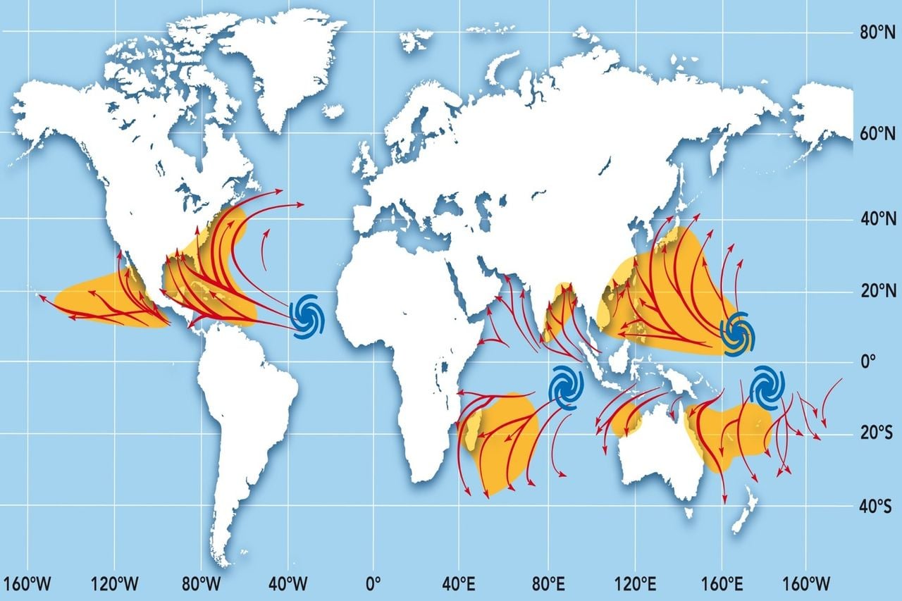 Aquí se muestran las principales trayectorias de los ciclones tropicales que afectan el cinturón tropical de nuestro planeta.
