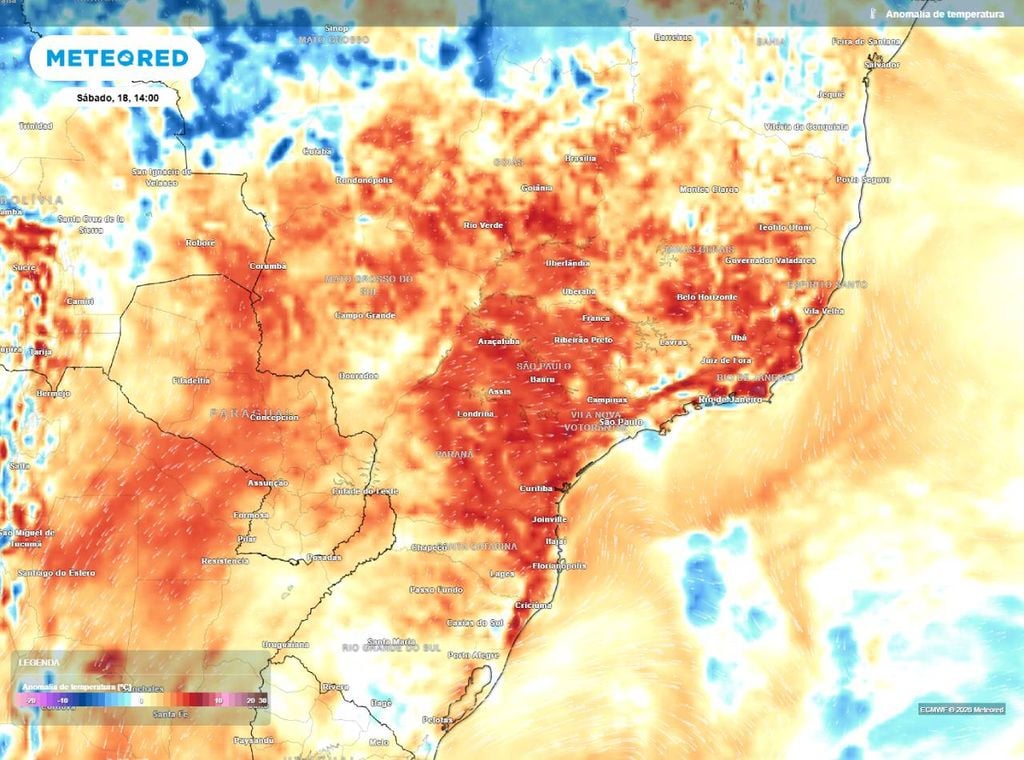 Previsão de anomalias de temperatura mostra uma massa de ar quente atuando em várias áreas do Brasil, especialmente na Região Sudeste, o que faz as temperaturas aumentarem no período da tarde.