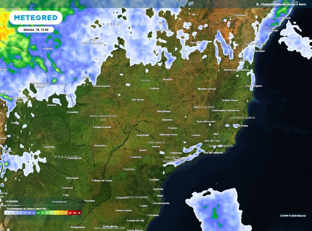 Previsão da probabilidade de precipitação (%) para sábado (18) à tarde (13h), segundo o modelo europeu ECMWF, mostrando baixo potencial para chuvas no litoral de São Paulo.