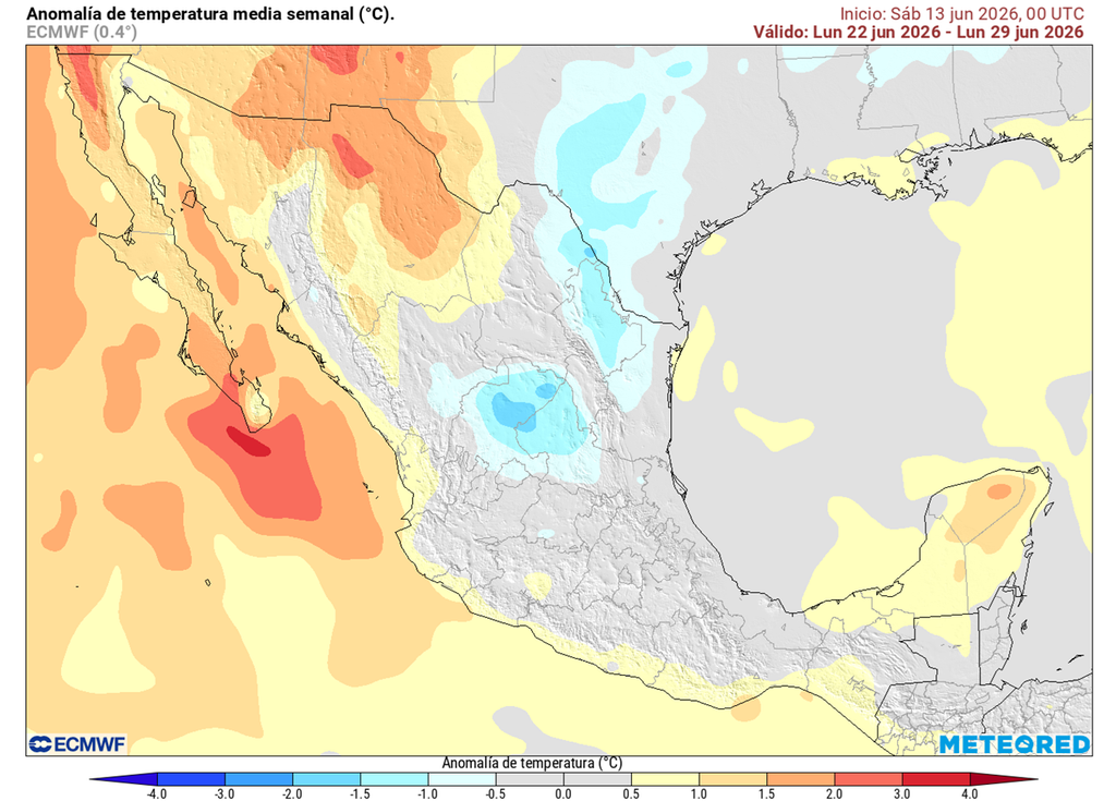 Anomalía de temperaturas en grados Celsius El calor se regulará en México por efecto de lluvias en esta segunda quincena de junio; sin embargo, el noroeste, norte y sureste superarán 40 °C.