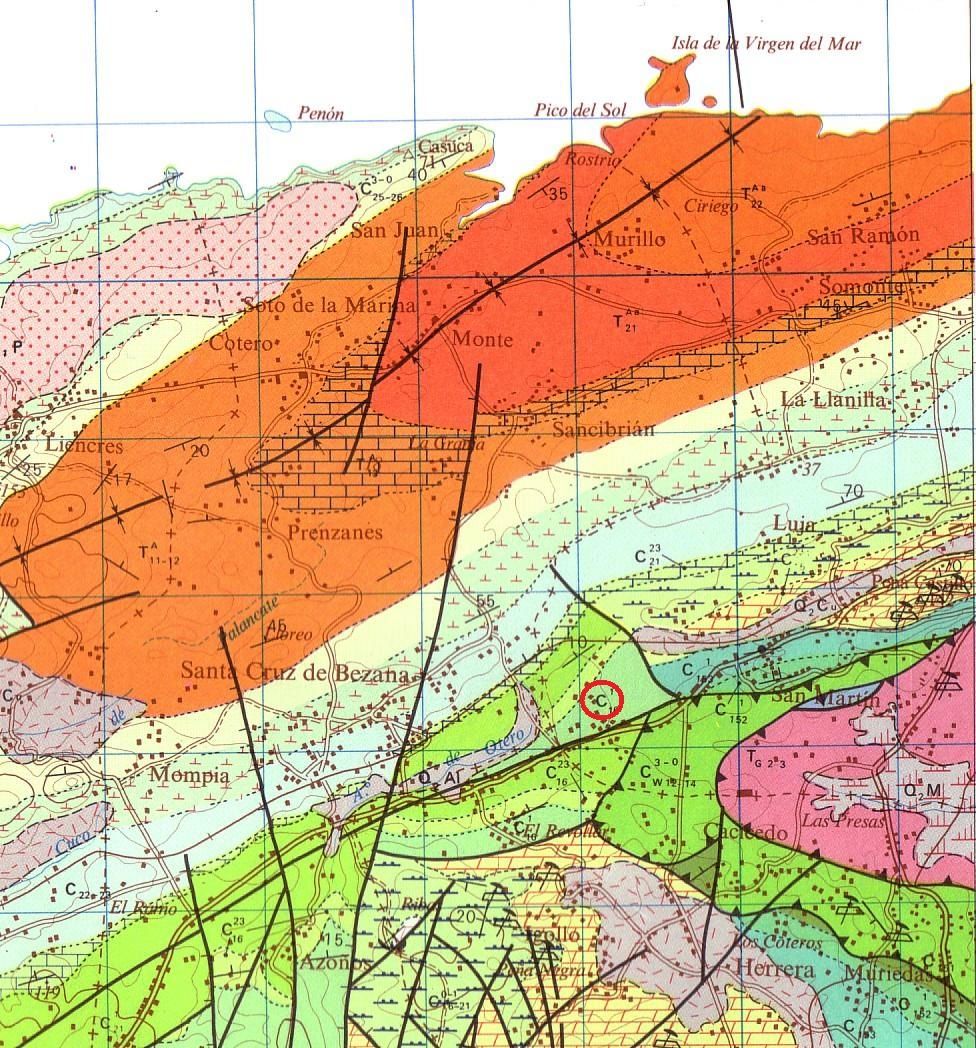 Figura 2. Mapa geológico de España. Hoja nº 34 – Torrelavega. Escala 1:50000. El círculo en rojo señala la ubicación de la Estación en terrenos pertenecientes al periodo Cretácico Superior.