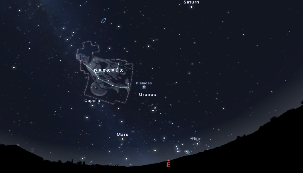 Perseus Posizione sulla volta celeste della costellazione di Perseo intorno alle ore 3 della notte tra il 12 e il 13 Agosto. Credit: Stellarium Web