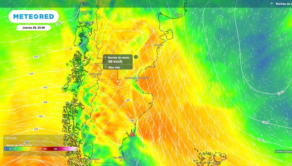 Ráfagas de viento El típico viento patagónico vuelve a acaparar la escena con ráfagas que pueden exceder los 65 km/h especialmente sobre Chubut y Santa Cruz.